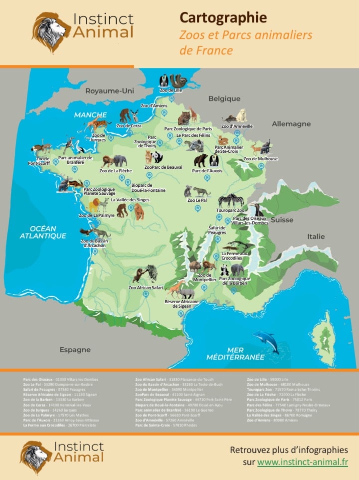 Liste des zoos, parcs animaliers et safaris - carte de France - Instinct Animal